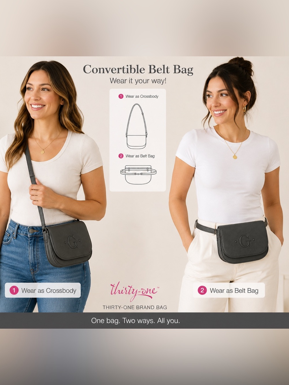 Thirty-One Convertible Belt Bag Gray Crossbody Waist Bag NWT Adjustable Strap